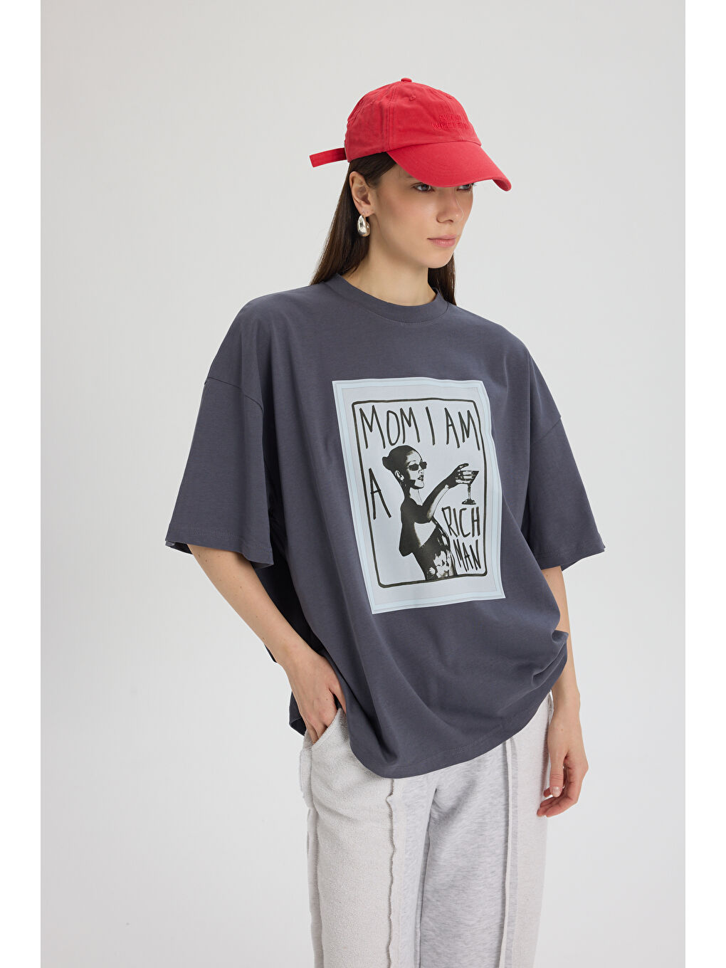 Gri Rich Woman Oversize Füme T-Shirt-2