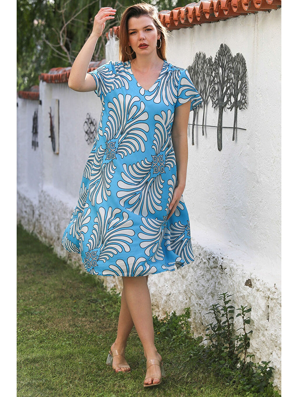 Açık Mavi V Yaka Düşük Kol Casual Viskon Dokuma Elbise 115 66-1