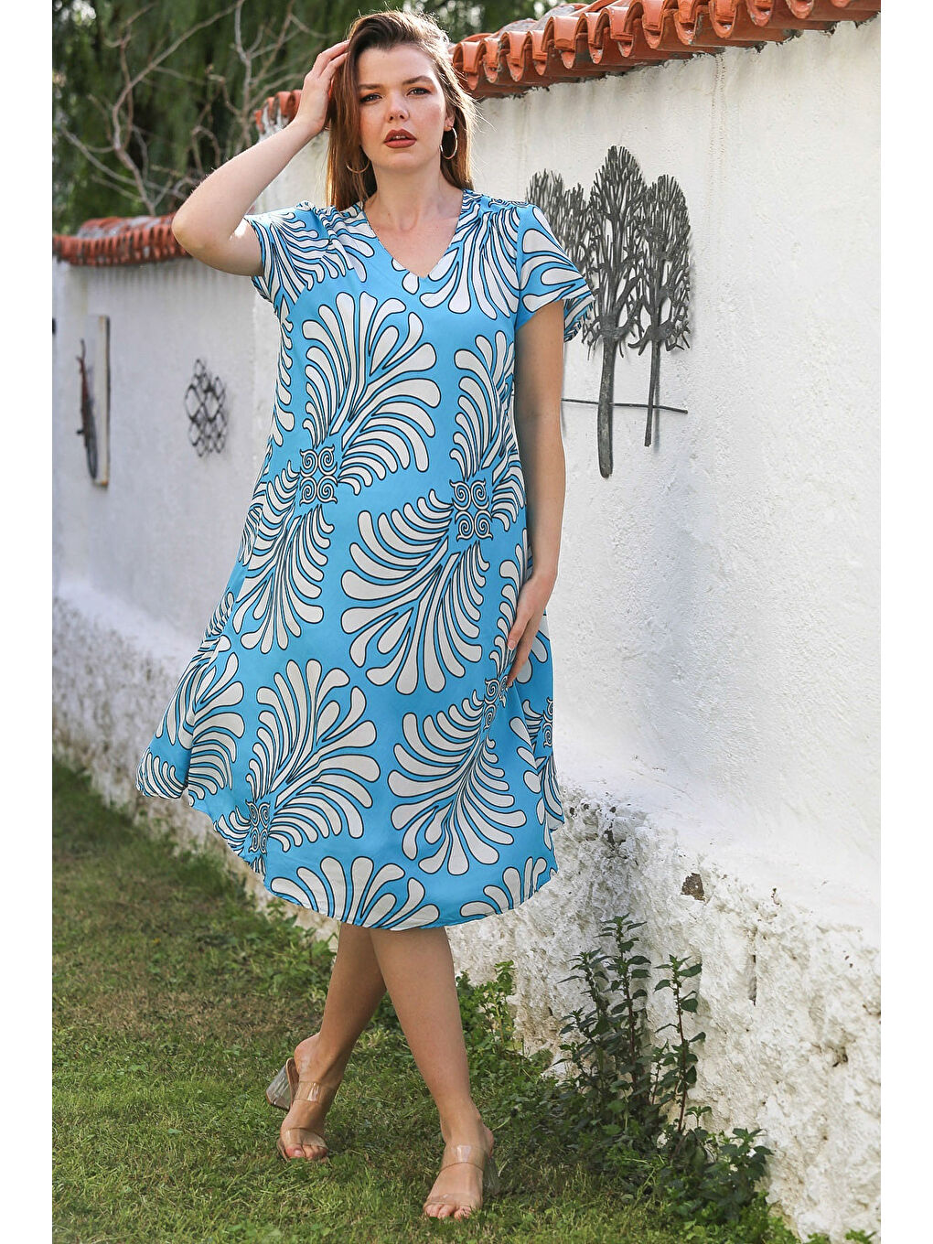 Açık Mavi V Yaka Düşük Kol Casual Viskon Dokuma Elbise 115 66-2