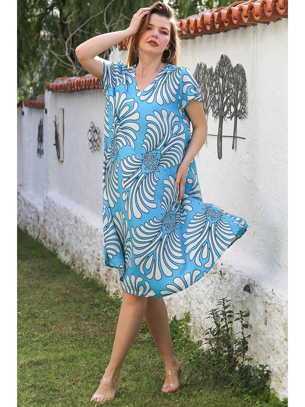 Açık Mavi V Yaka Düşük Kol Casual Viskon Dokuma Elbise 115 66-3