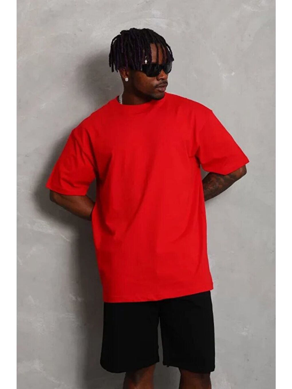 Unisex Oversize Düz Bisiklet Yaka T-Shirt - Kırmızı-2