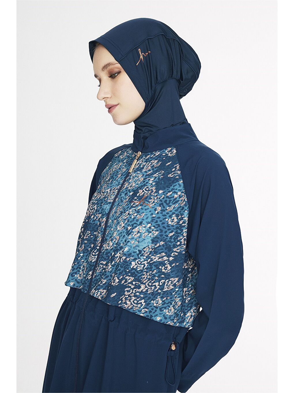 Petrol Vaha Koleksiyonu Göğüs Kısmı Desenli Lacivert 5 Parça Tam Tesettür Mayo Takımı 5090-3
