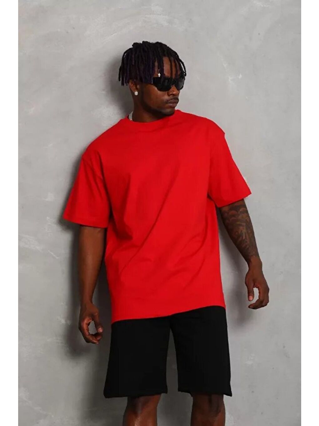 Unisex Oversize Düz Bisiklet Yaka T-Shirt - Kırmızı-3