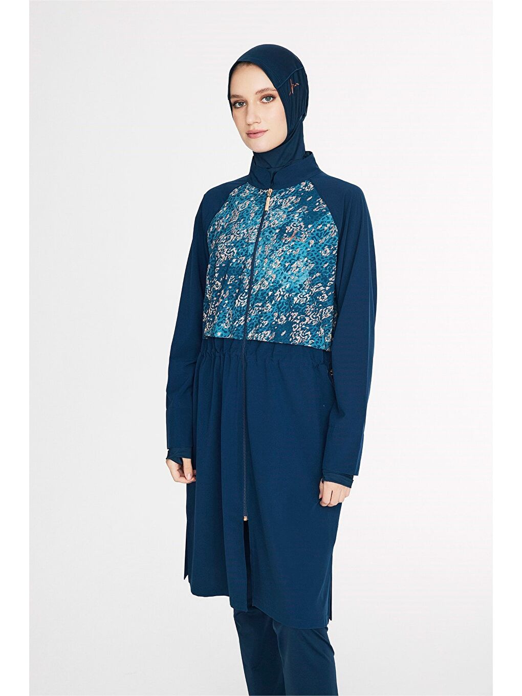 Petrol Vaha Koleksiyonu Göğüs Kısmı Desenli Lacivert 5 Parça Tam Tesettür Mayo Takımı 5090-4
