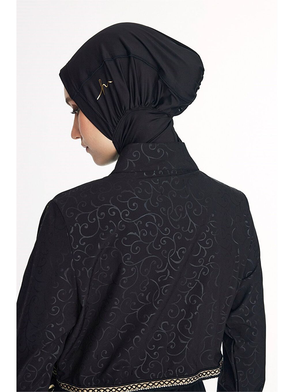 Vaha Koleksiyonu Dokulu Kumaş Nakışlı Siyah 5 Parça Tam Tesettür Mayo Takımı 5087-11