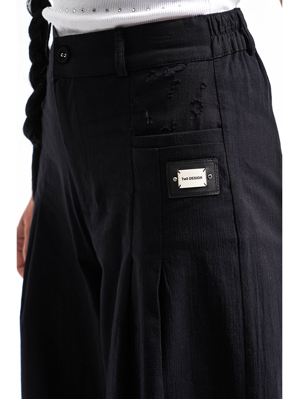 Siyah Kadın Esnek Keten Kumaş Palazzo Fit Tasarım Pantolon-2