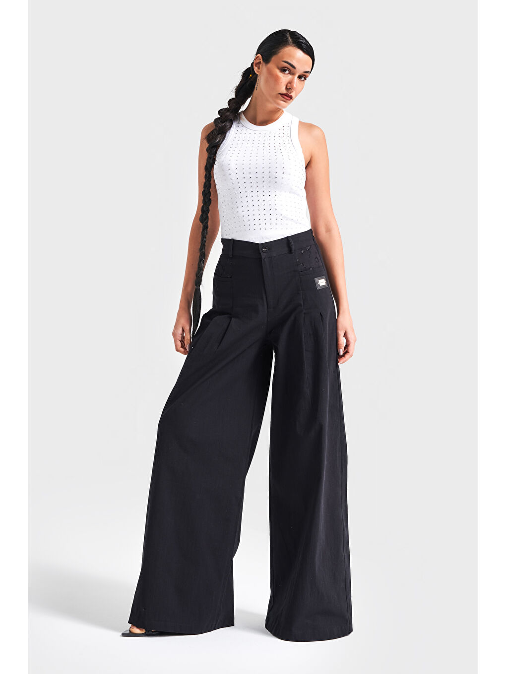 Siyah Kadın Esnek Keten Kumaş Palazzo Fit Tasarım Pantolon-3