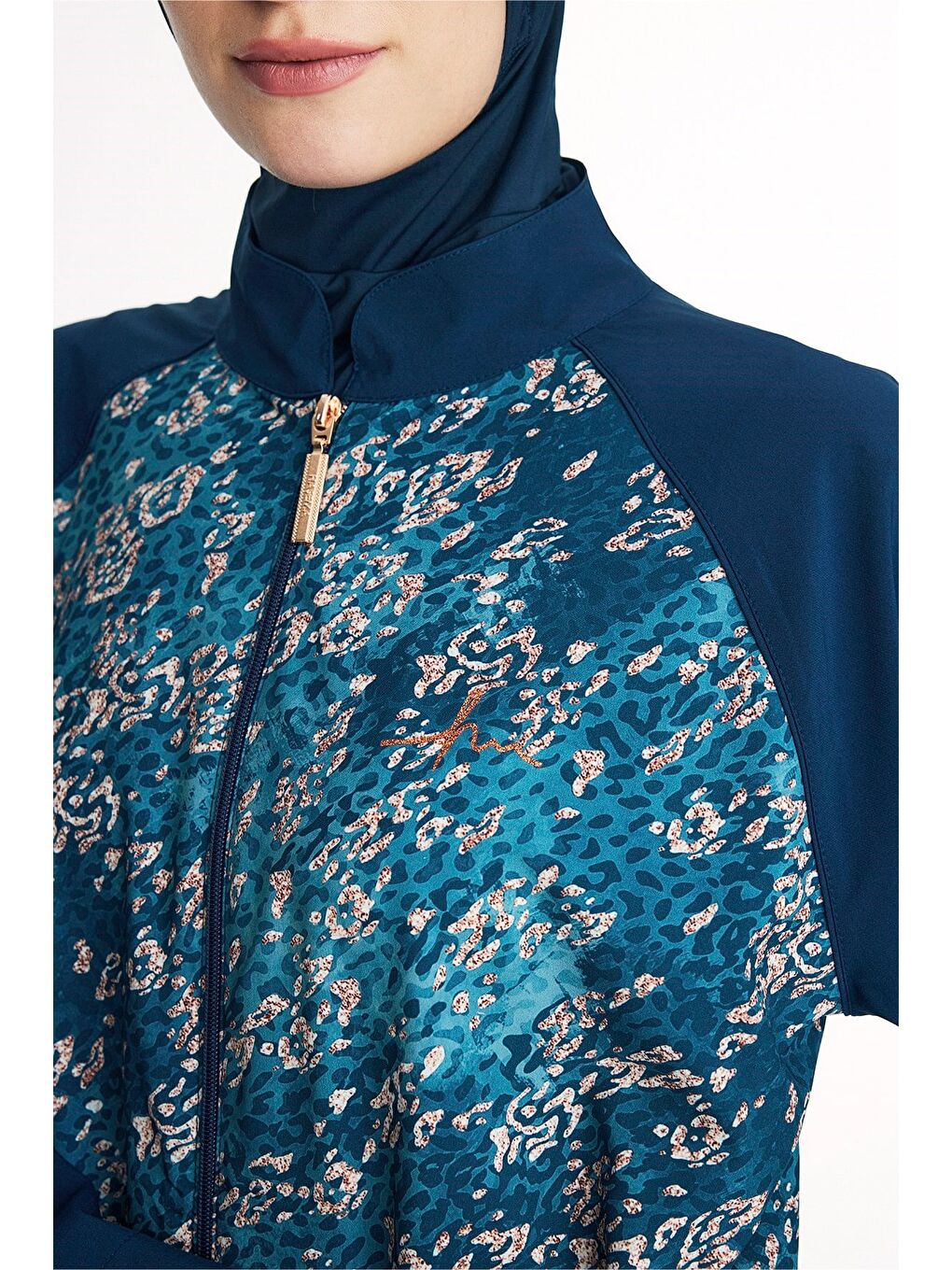 Petrol Vaha Koleksiyonu Göğüs Kısmı Desenli Lacivert 5 Parça Tam Tesettür Mayo Takımı 5090-8