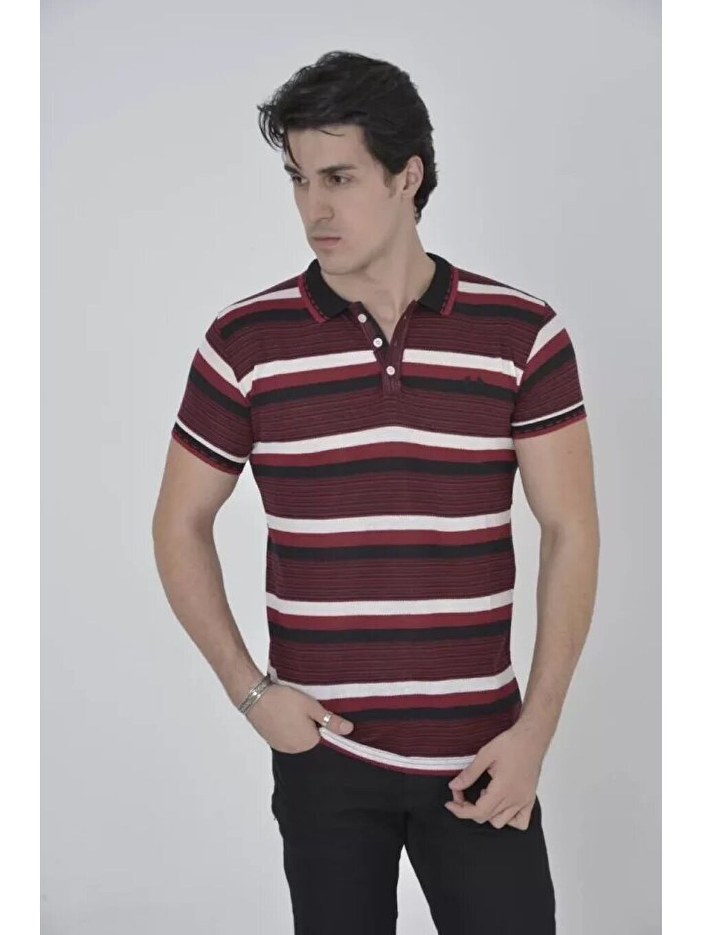 Erkek Yakalı Slim Fit Dokuma Çizgili T-Shirt - Bordo-1