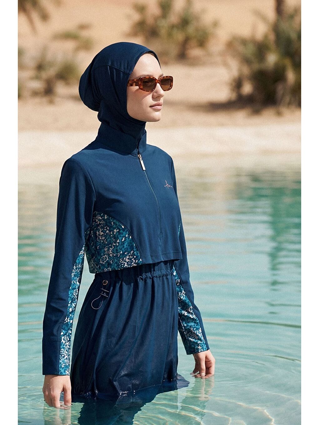 Petrol Vaha Koleksiyonu Kol Altı Desenli Lacivert 5 Parça Tam Tesettür Mayo Takımı 5089