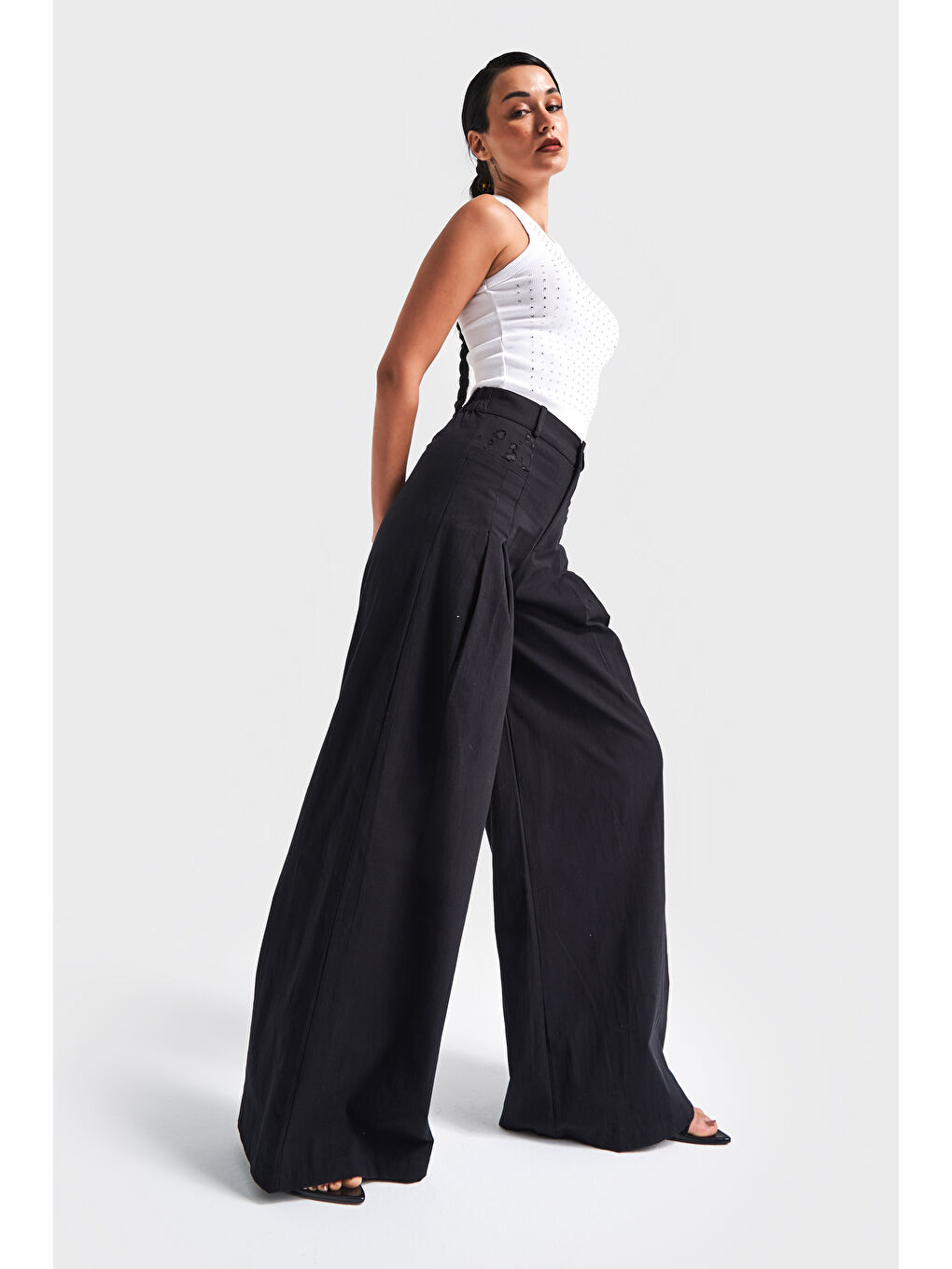 Siyah Kadın Esnek Keten Kumaş Palazzo Fit Tasarım Pantolon-1