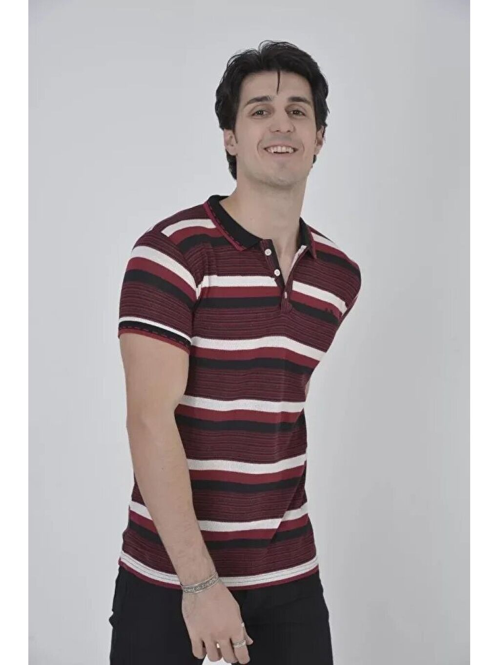 Erkek Yakalı Slim Fit Dokuma Çizgili T-Shirt - Bordo-2