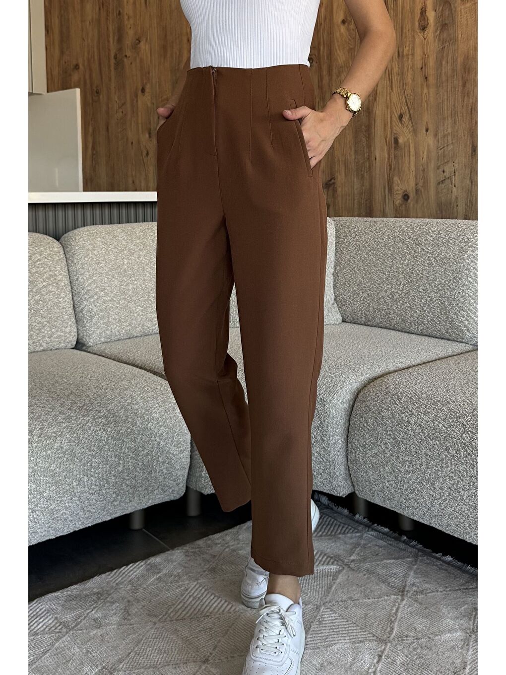 Kahverengi Kadın Bel Çimalı Kumaş Pantolon-1