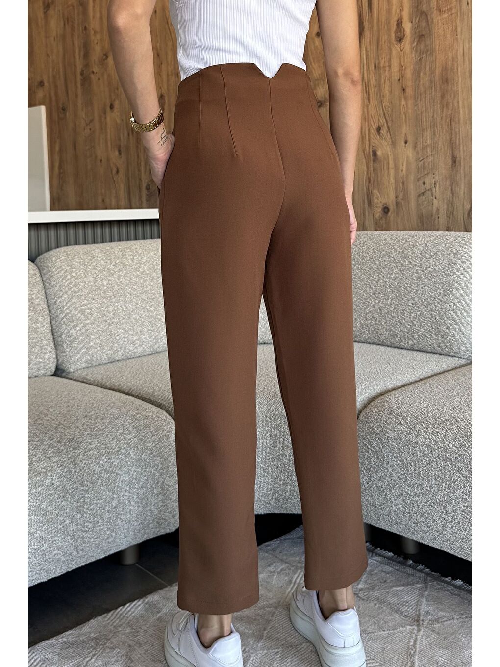 Kahverengi Kadın Bel Çimalı Kumaş Pantolon-2