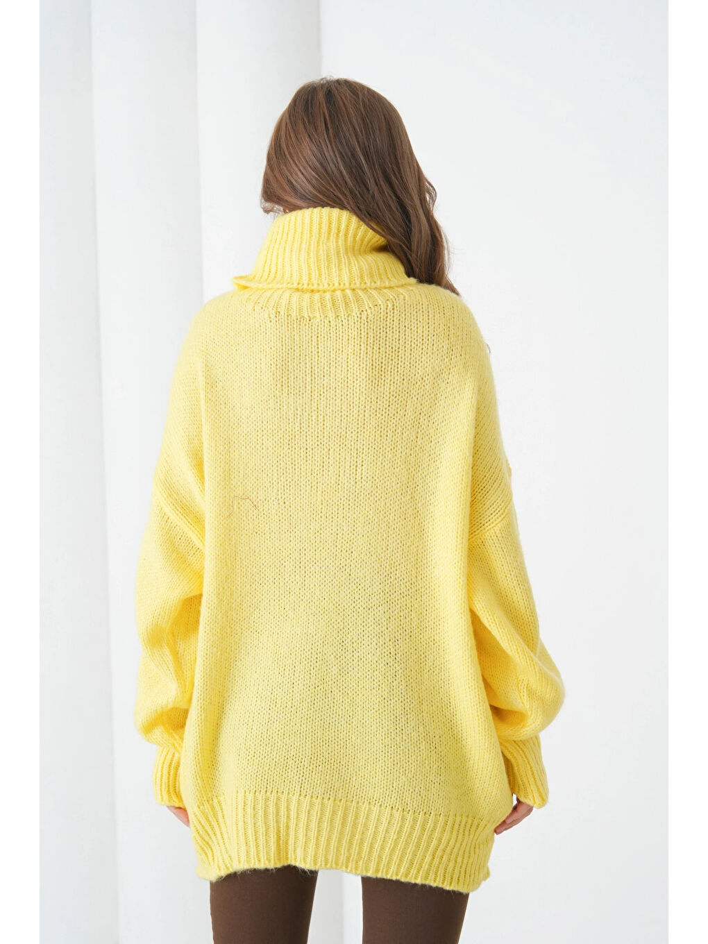 Sarı Kadın Balıkçı Yaka Kaşkorse Oversize Triko Tunik-1