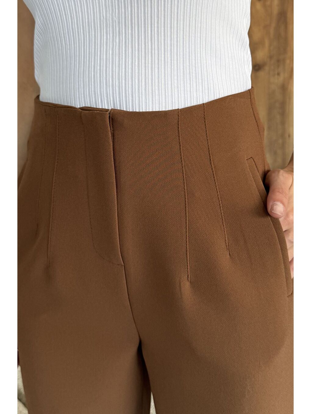 Kahverengi Kadın Bel Çimalı Kumaş Pantolon-3