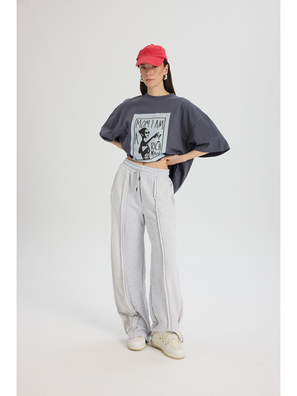 Gri Rich Woman Oversize Füme T-Shirt-5
