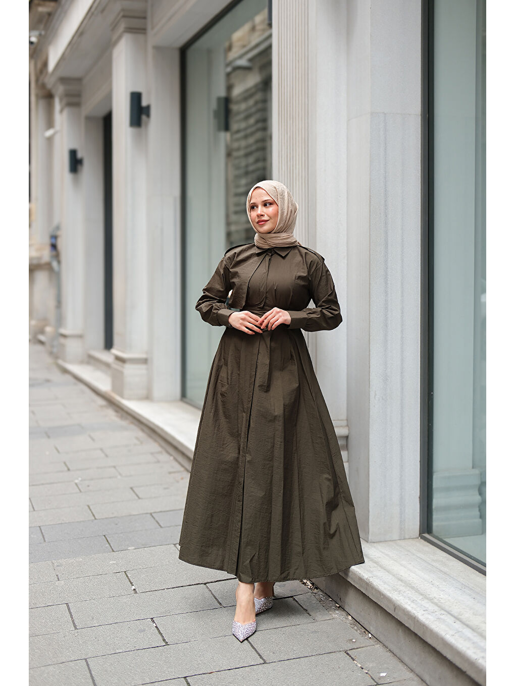 Kadın Gizli Düğmeli Apolet Detay Elbise Haki Yeşil