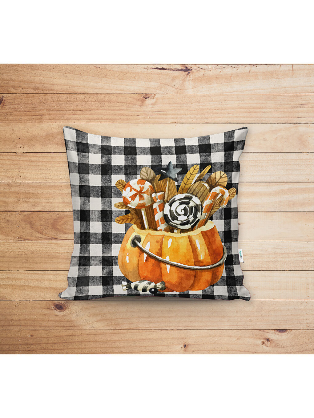 Karışık Çift Taraf Baskılı Kadife Doku Sonbahar Ve Kabak Desenli Kırlent Kılıfı-1