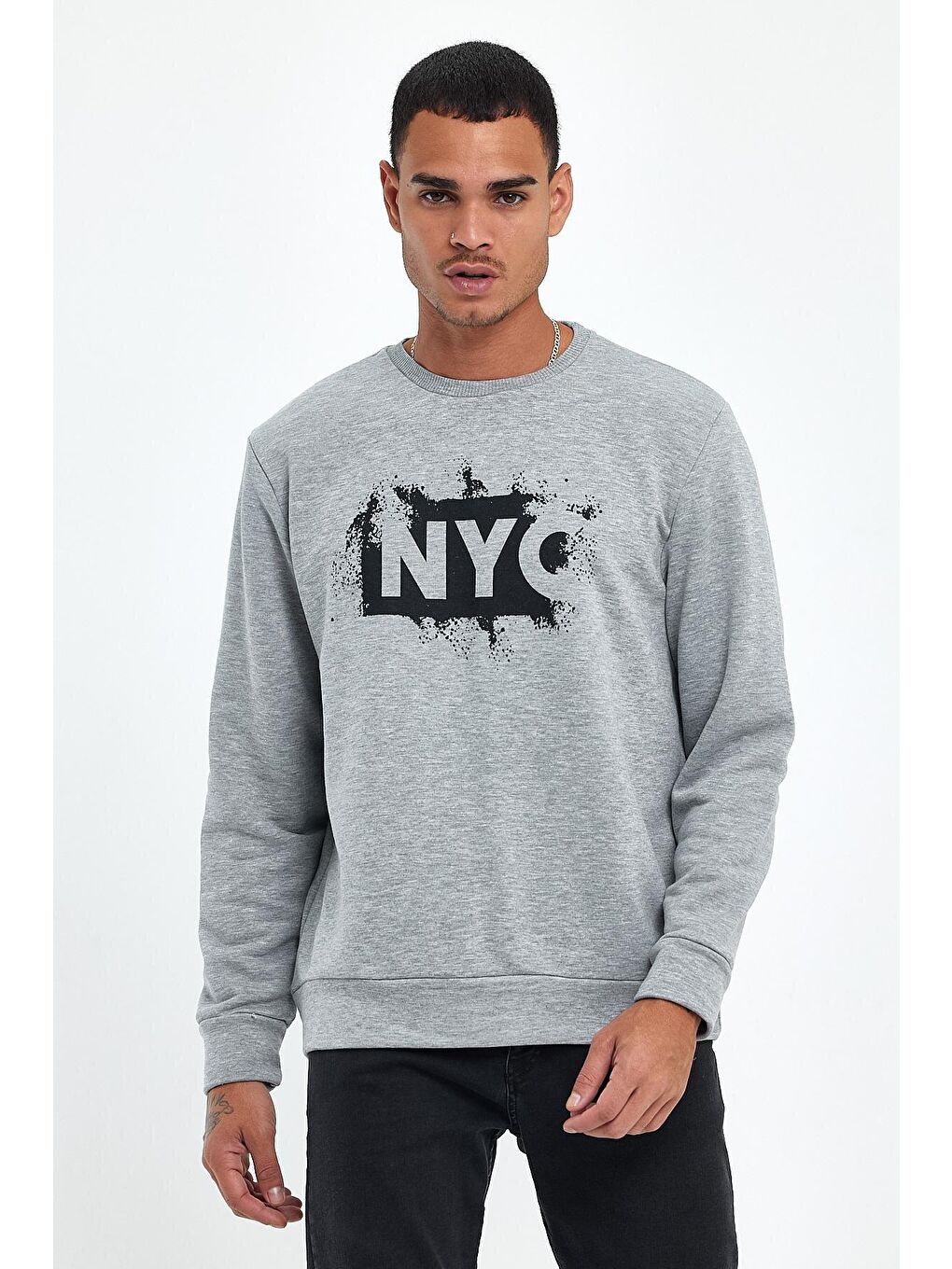 Gri Erkek Bisiklet Yaka Regular Fit 3 İplik Kalın NYC Baskılı Sweatshirt spr24sw24-3