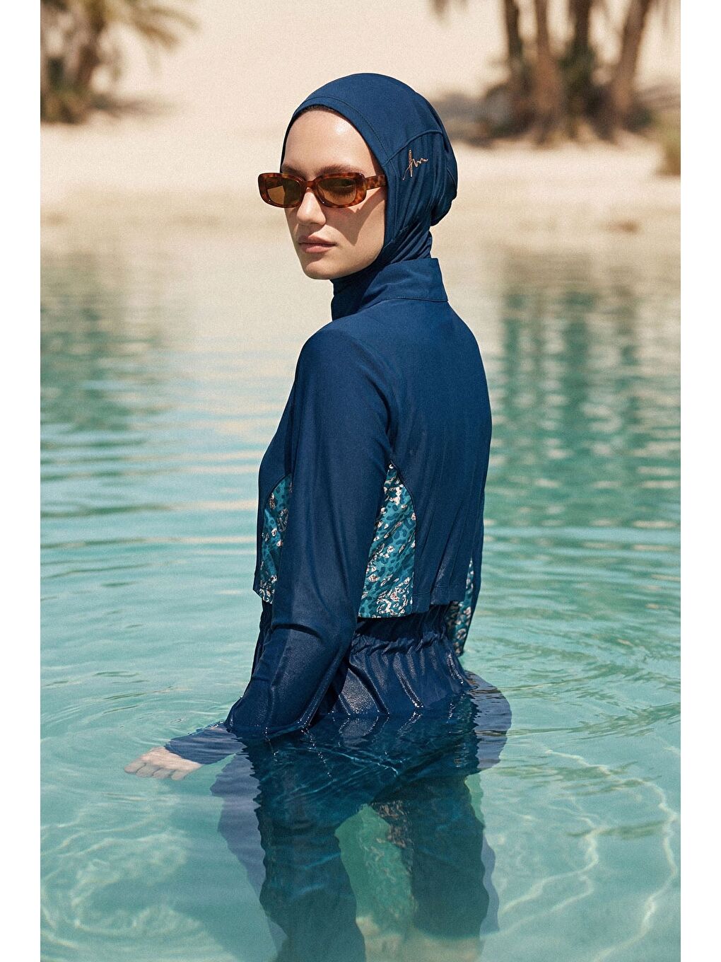 Petrol Vaha Koleksiyonu Kol Altı Desenli Lacivert 5 Parça Tam Tesettür Mayo Takımı 5089-2