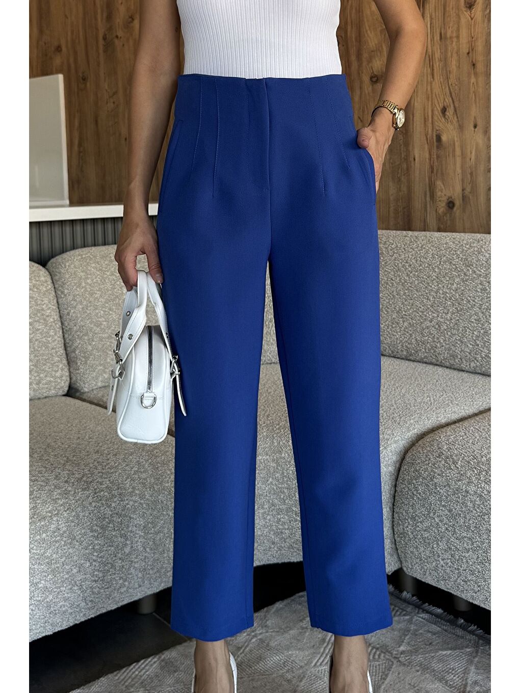Mavi Kadın Bel Çimalı Kumaş Pantolon