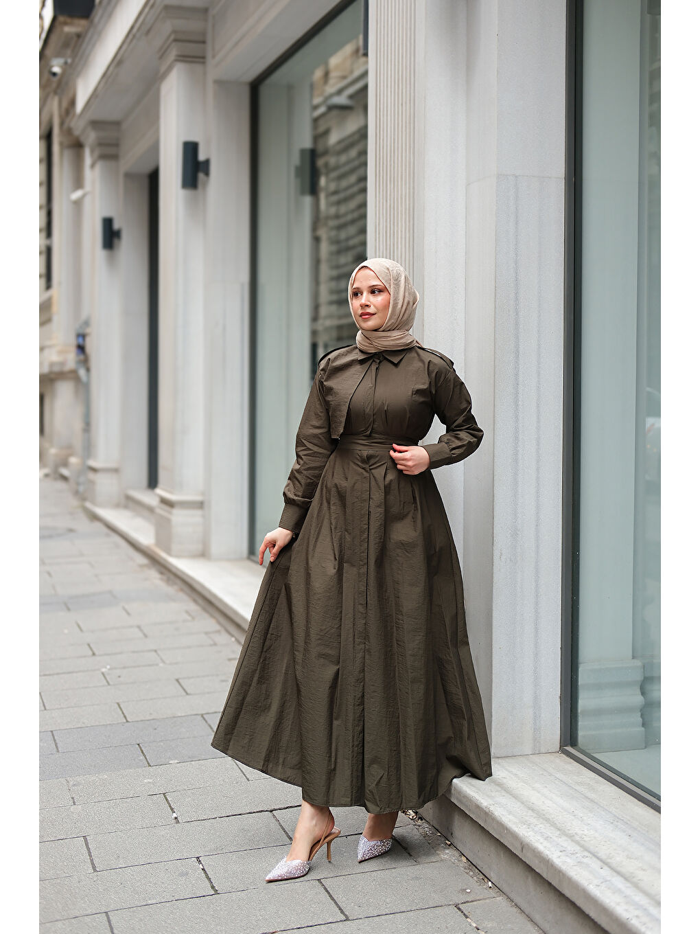 Kadın Gizli Düğmeli Apolet Detay Elbise Haki Yeşil-1