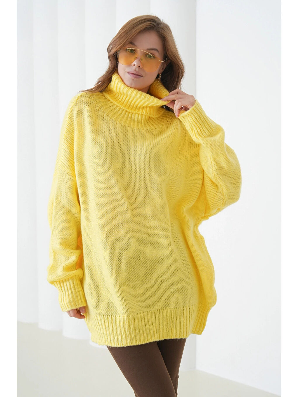 Sarı Kadın Balıkçı Yaka Kaşkorse Oversize Triko Tunik-2