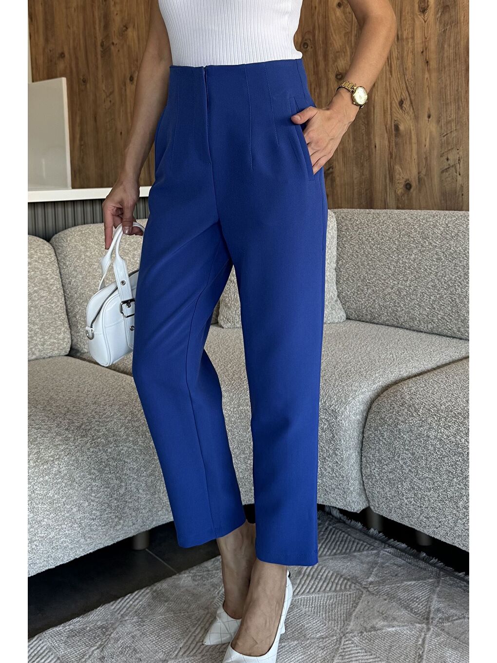 Mavi Kadın Bel Çimalı Kumaş Pantolon-1