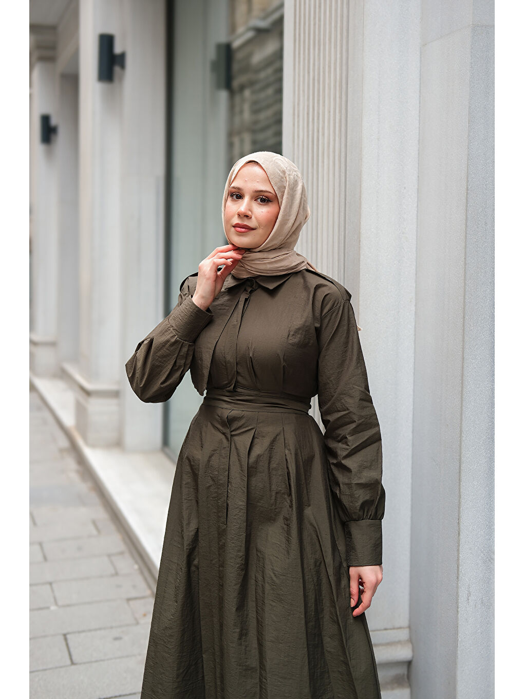 Kadın Gizli Düğmeli Apolet Detay Elbise Haki Yeşil-2