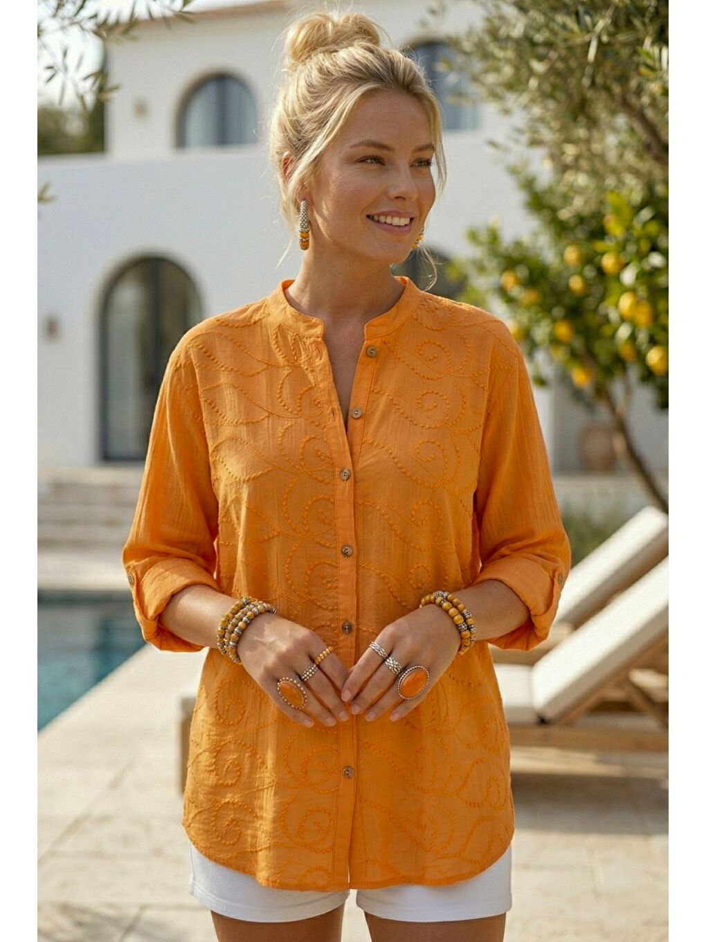 Turuncu Hakim Yaka Düğmeli Uzun Kollu Düğmeli Casual Müslin Dokuma Gömlek 75 63-1