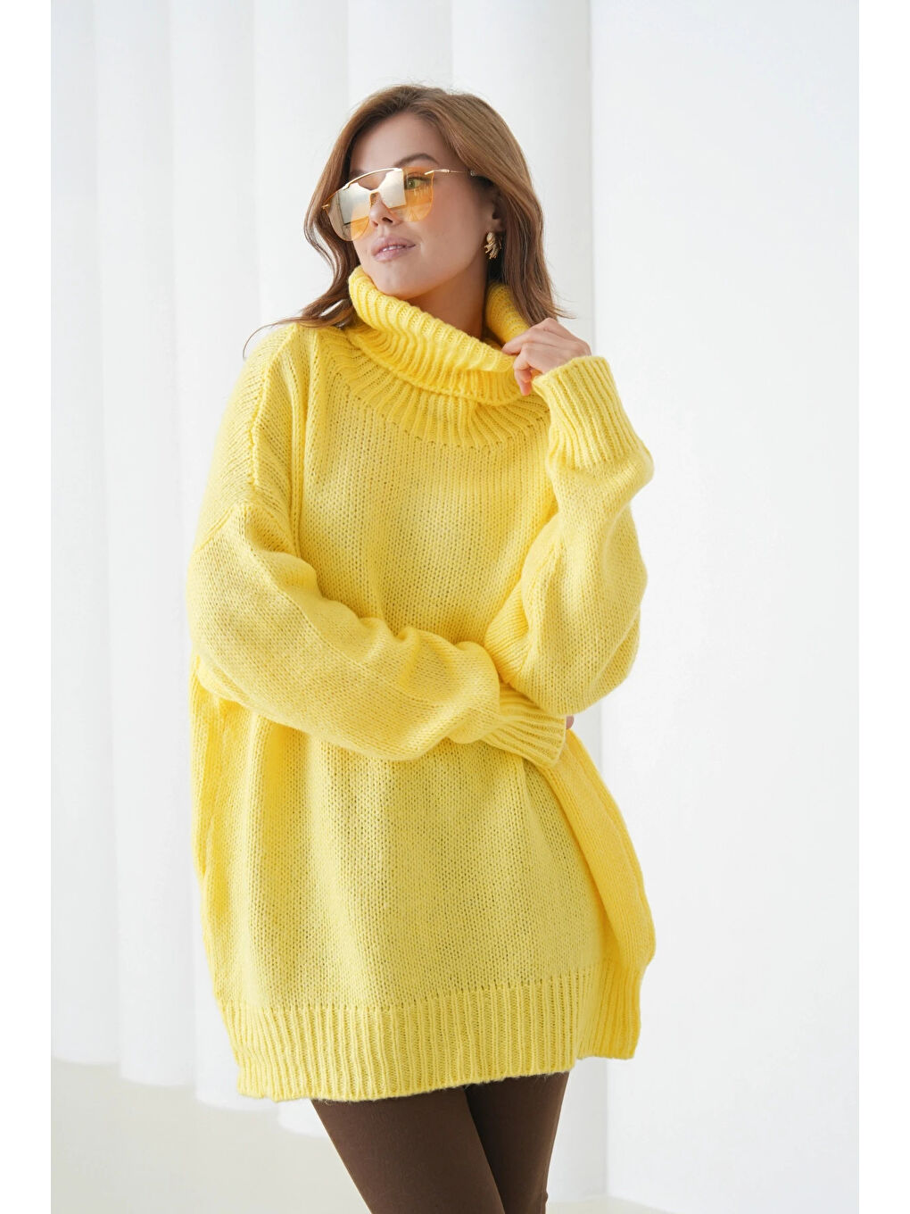 Sarı Kadın Balıkçı Yaka Kaşkorse Oversize Triko Tunik-3