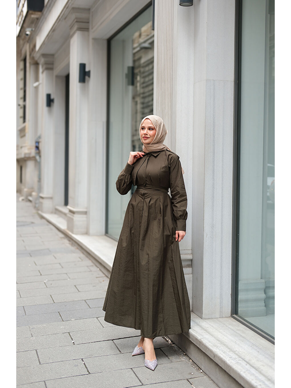 Kadın Gizli Düğmeli Apolet Detay Elbise Haki Yeşil-3