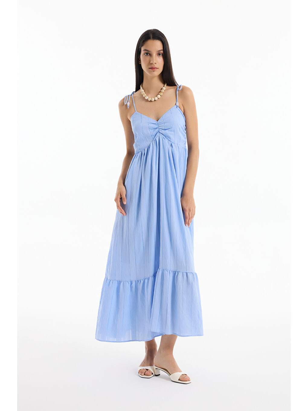 İnce Çizgili Boncuk Askılı Uzun Elbise Mavi