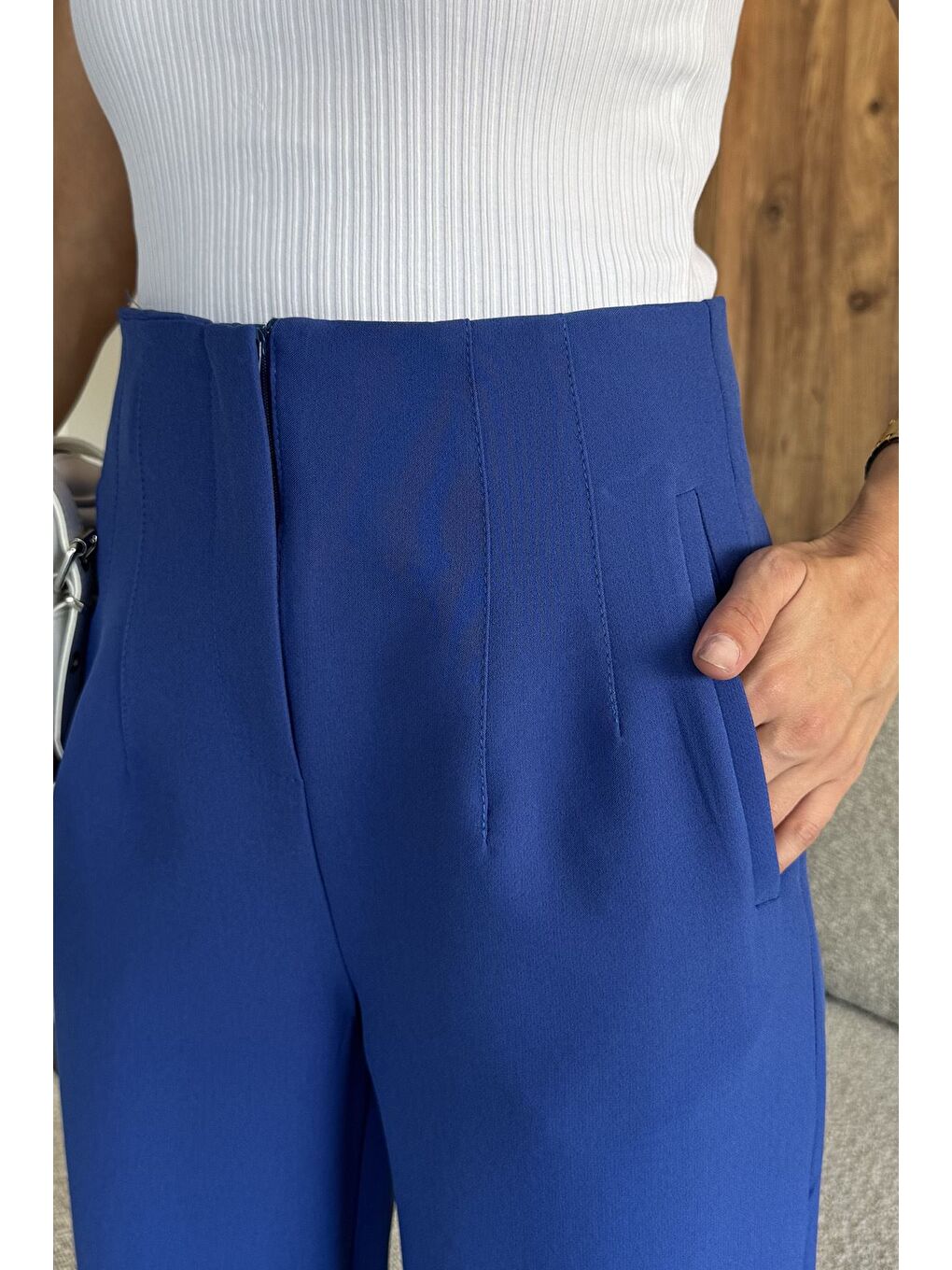 Mavi Kadın Bel Çimalı Kumaş Pantolon-3