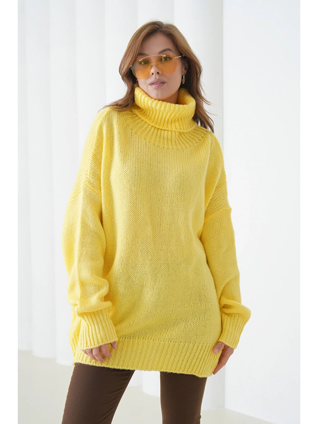 Sarı Kadın Balıkçı Yaka Kaşkorse Oversize Triko Tunik-4