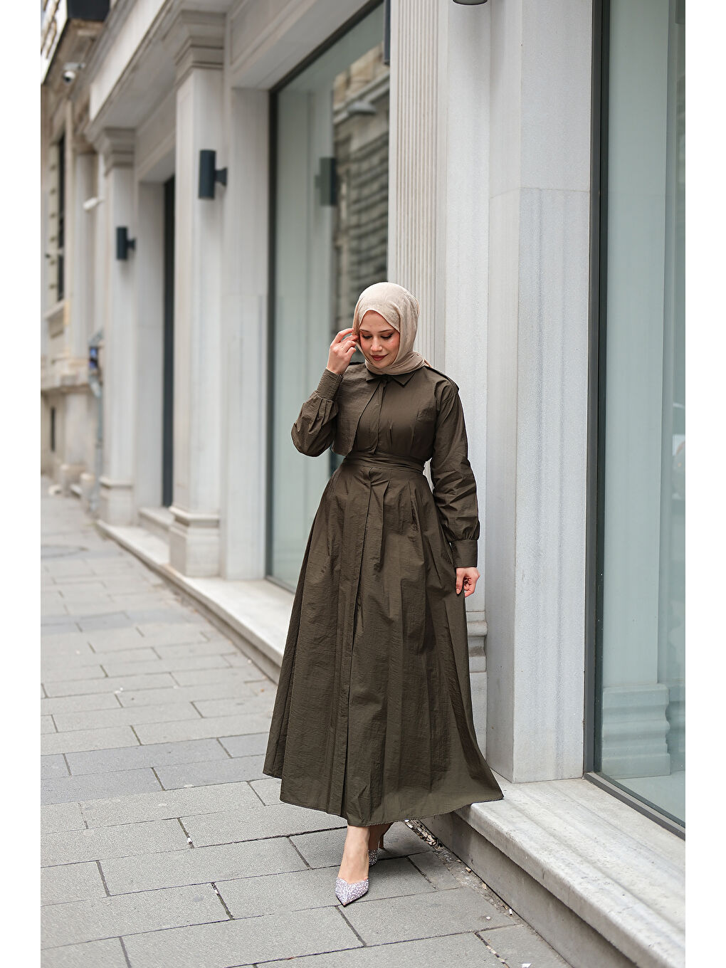 Kadın Gizli Düğmeli Apolet Detay Elbise Haki Yeşil-4