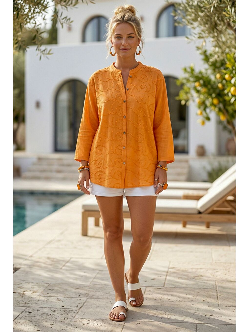 Turuncu Hakim Yaka Düğmeli Uzun Kollu Düğmeli Casual Müslin Dokuma Gömlek 75 63-2