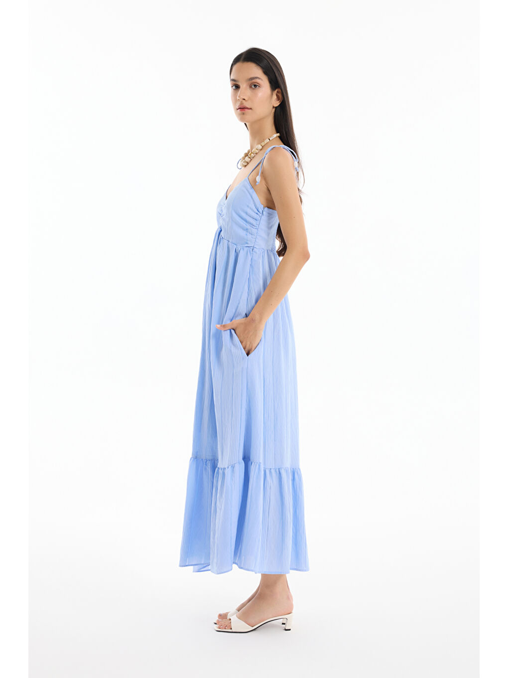 İnce Çizgili Boncuk Askılı Uzun Elbise Mavi-2