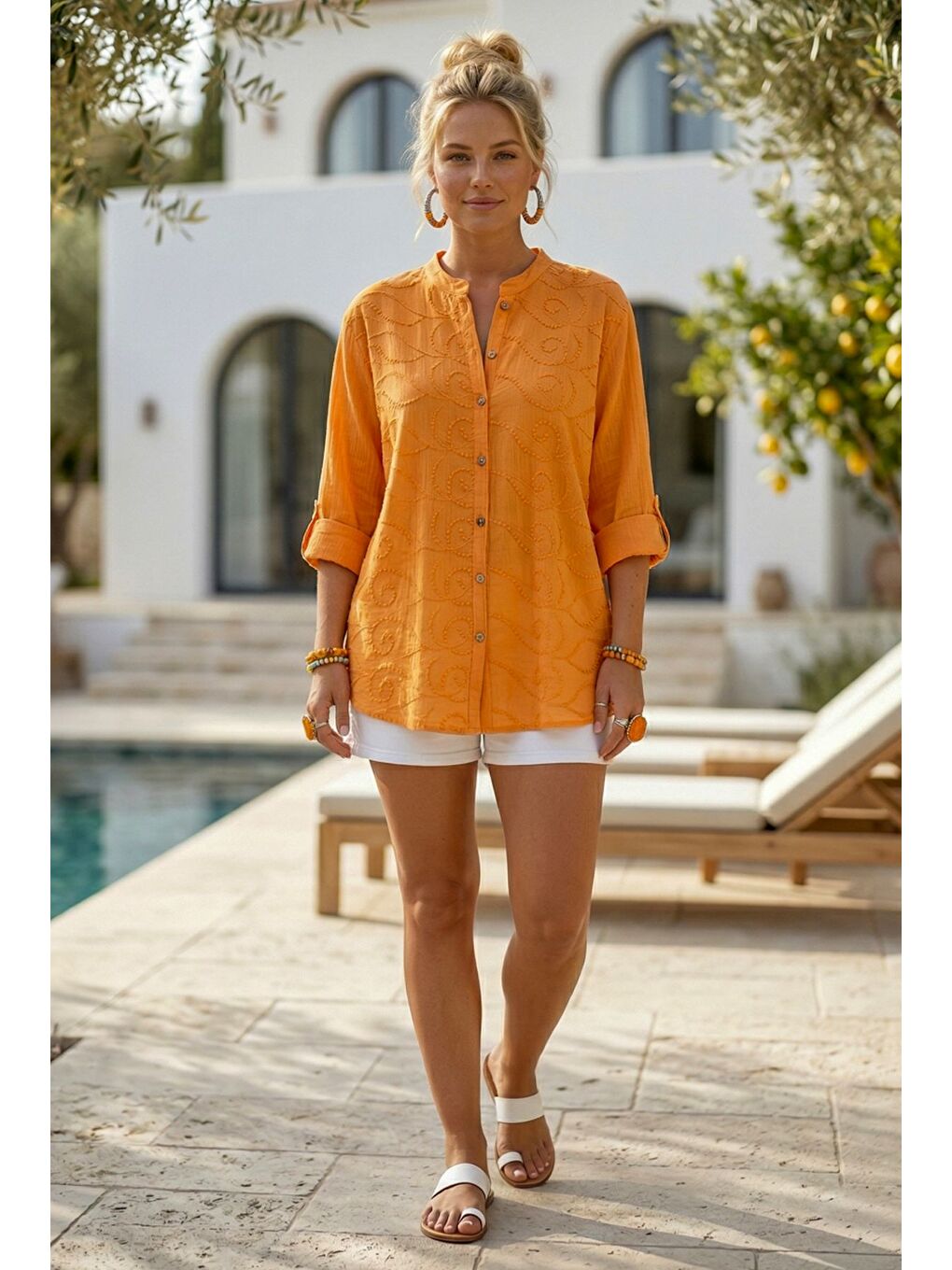 Turuncu Hakim Yaka Düğmeli Uzun Kollu Düğmeli Casual Müslin Dokuma Gömlek 75 63-3