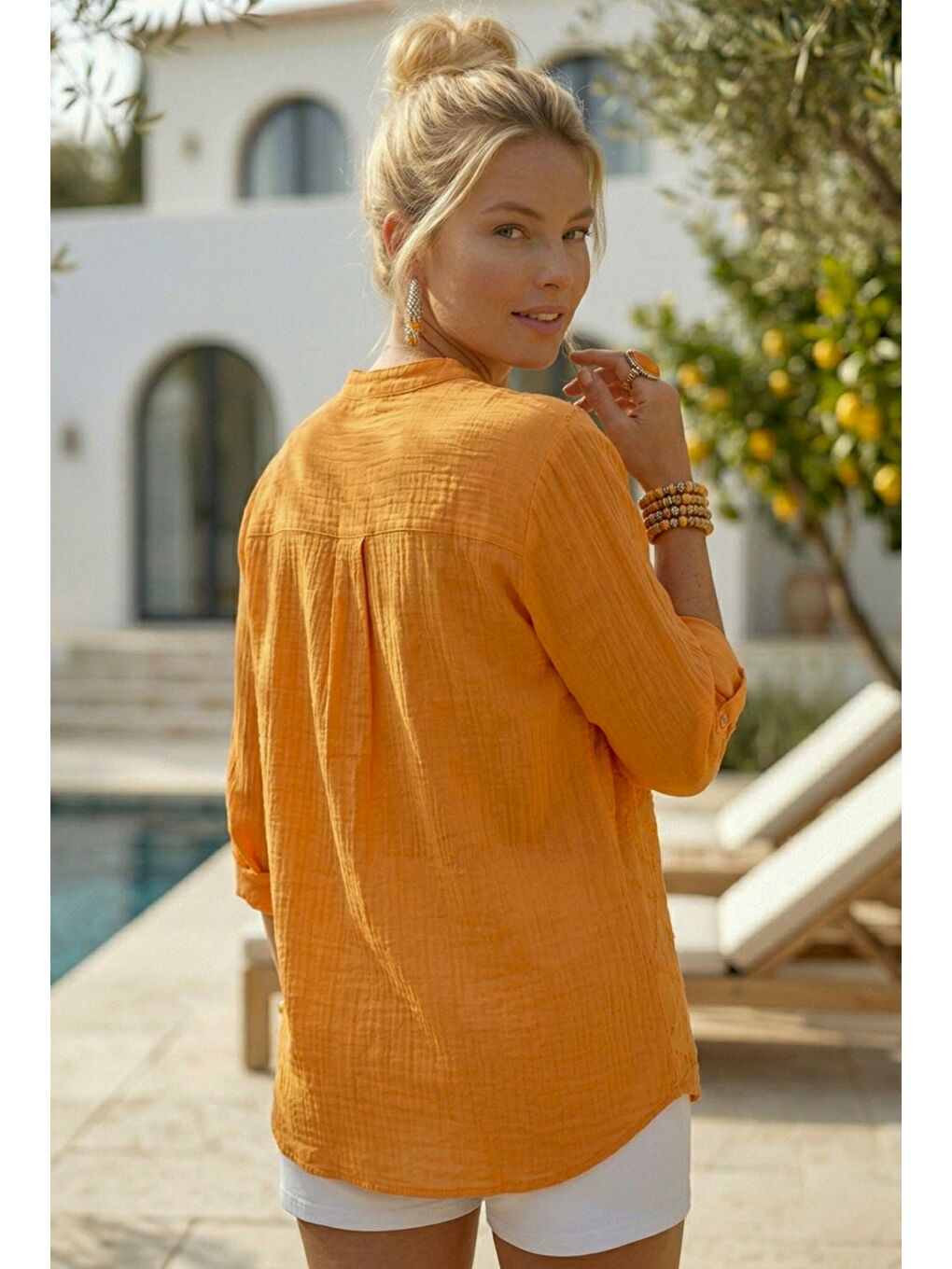 Turuncu Hakim Yaka Düğmeli Uzun Kollu Düğmeli Casual Müslin Dokuma Gömlek 75 63-4