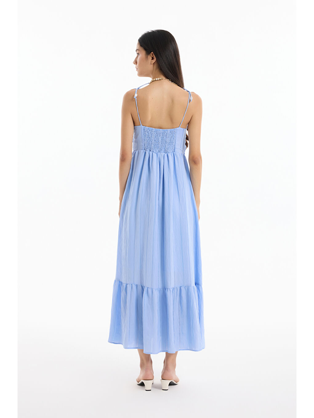 İnce Çizgili Boncuk Askılı Uzun Elbise Mavi-4