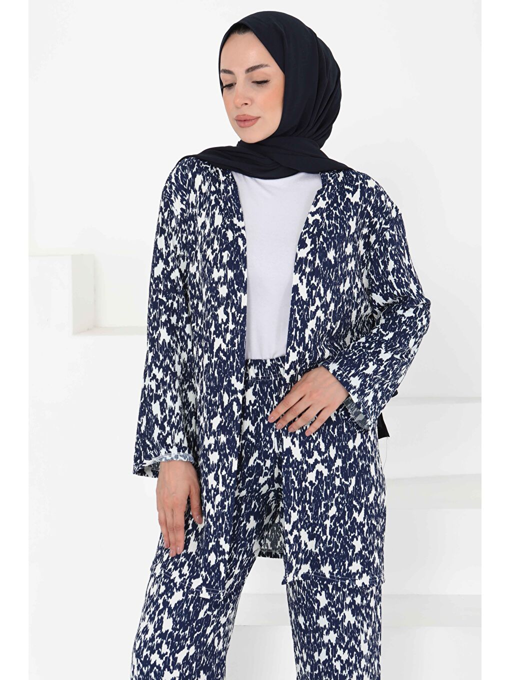 Desenli Kimono Takım Lacivert - 27132-1