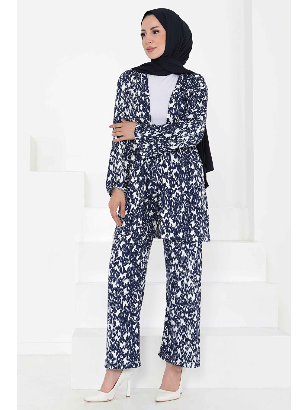 Desenli Kimono Takım Lacivert - 27132-2