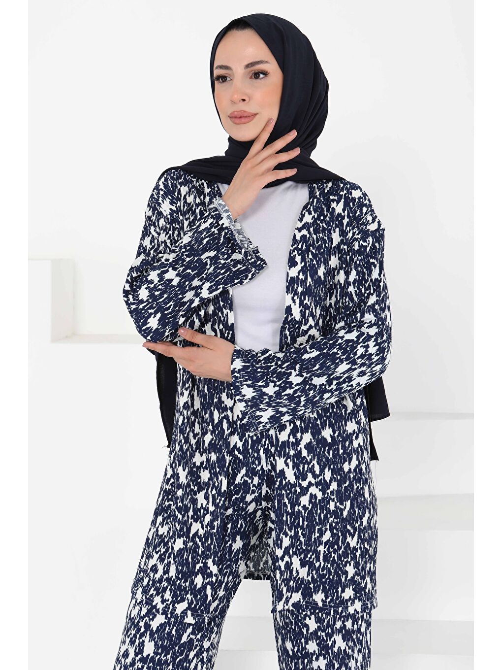 Desenli Kimono Takım Lacivert - 27132-3