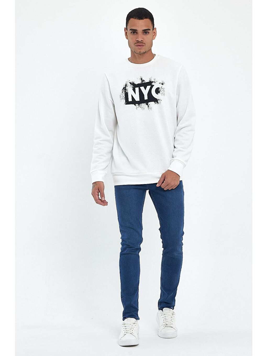 Ekru Erkek Bisiklet Yaka Regular Fit 3 İplik Kalın NYC Baskılı Sweatshirt spr24sw24-1