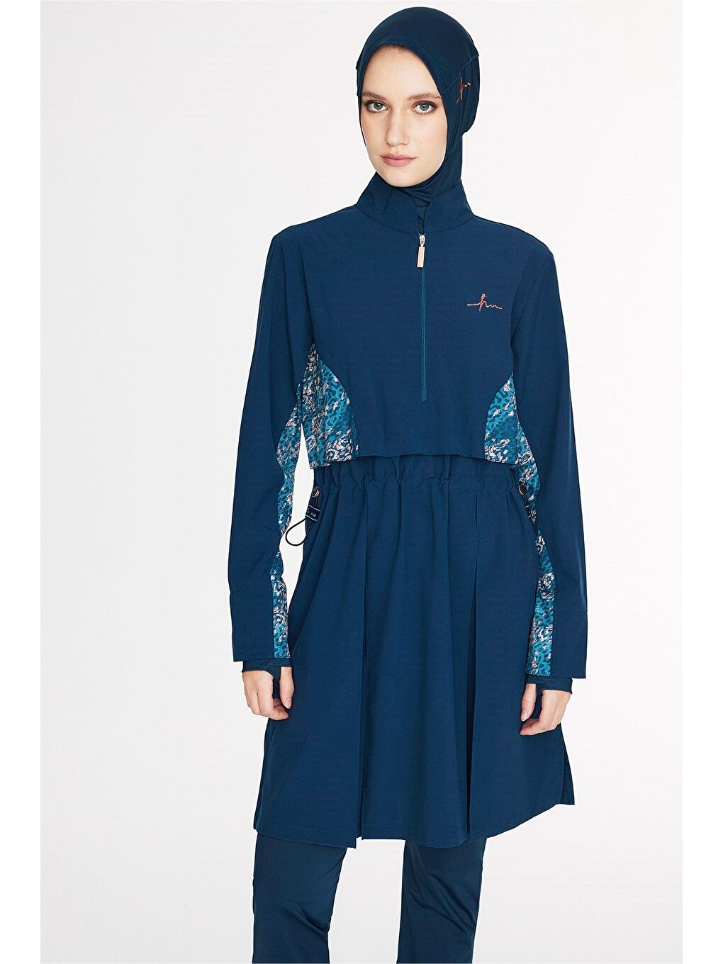 Petrol Vaha Koleksiyonu Kol Altı Desenli Lacivert 5 Parça Tam Tesettür Mayo Takımı 5089-6