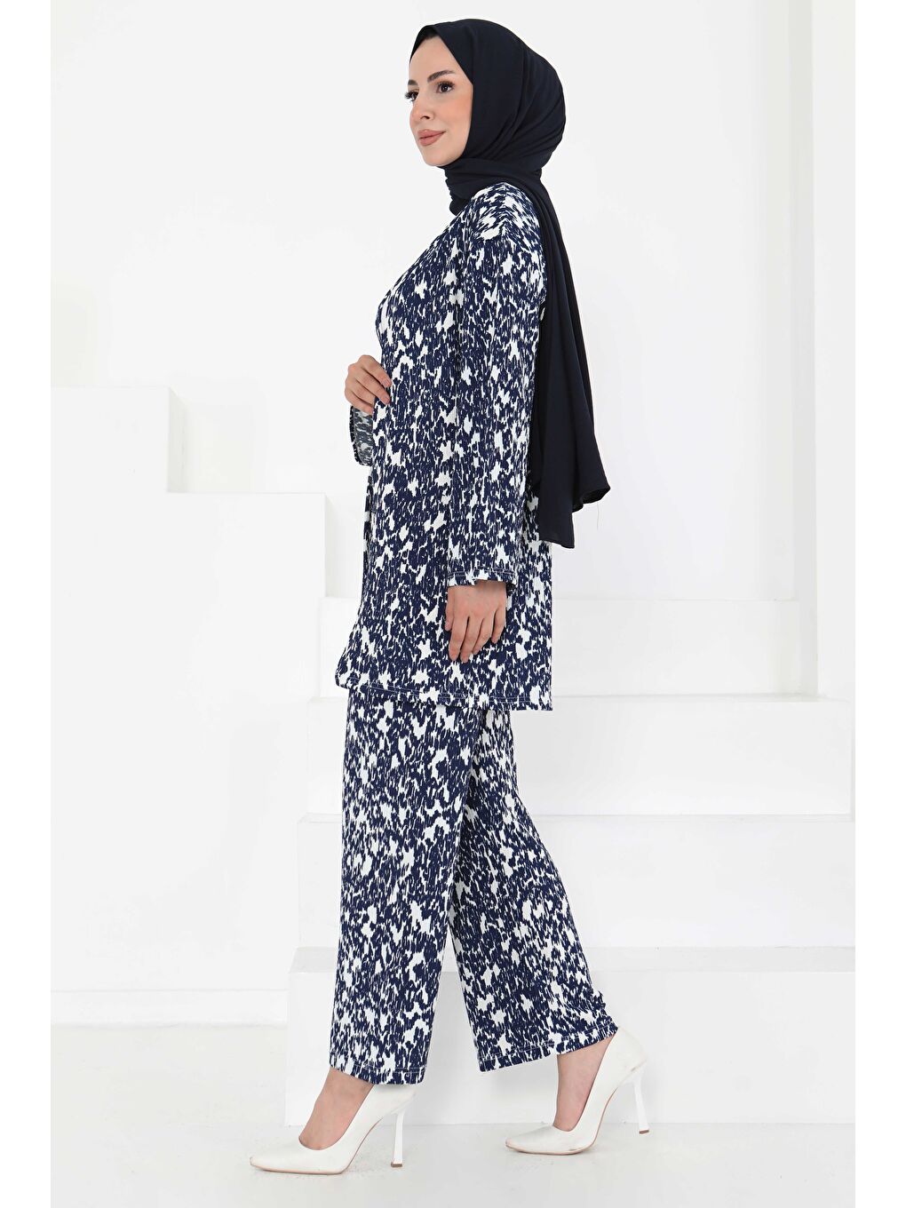 Desenli Kimono Takım Lacivert - 27132-4