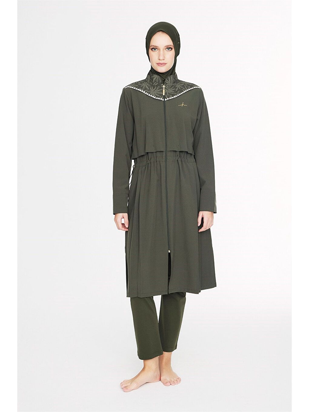 Haki Vaha Koleksiyonu Omuz Bölgesi Palmiye Desenli Yeşil 5 Parça Tam Tesettür Mayo Takımı 5097-2