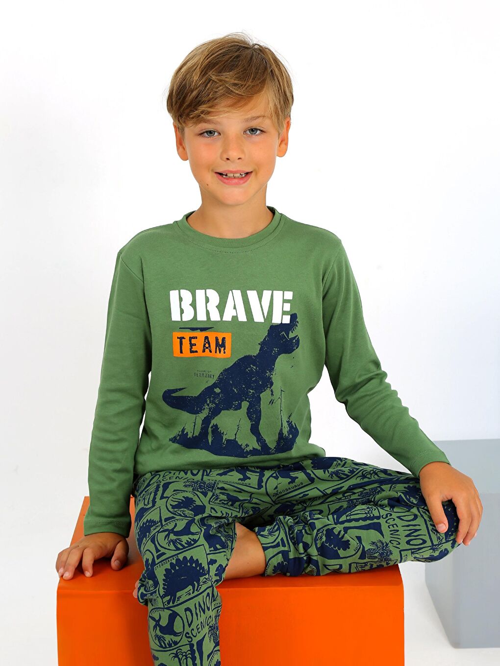 Yeşil Erkek Çocuk Uzun Kollu %100 Pamuklu Pijama Takımı Brave